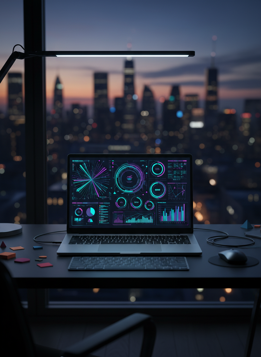 A sleek, ultramodern home office desk dominated by an open laptop displaying a dense analytics dashboard of an AI-powered business, with vivid charts and experiment metrics clearly visible but no readable text. The desk surface is matte black with scattered sticky notes replaced by small, color-coded geometric tokens and a minimal wireless keyboard. Behind the desk, a large window reveals a twilight city skyline, hinting at late-night decision-making. Cool, focused LED task lighting pools over the workspace, casting sharp, confident shadows. Photographic realism, shot at eye level with a shallow depth of field so the data-glowing screen is razor sharp while cables, devices, and the distant city blur into a bold, high-tech atmosphere that feels authentic and in the trenches, not staged.