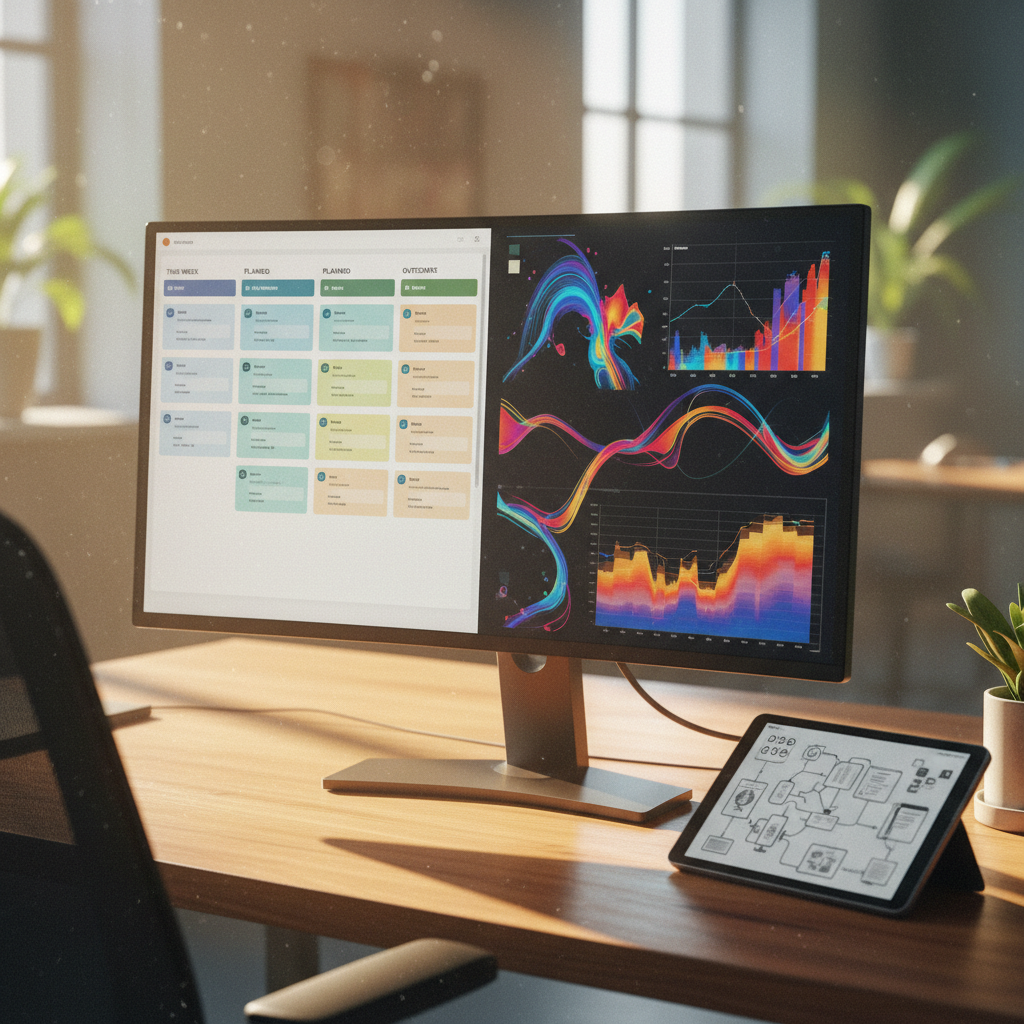 A close-up, over-the-shoulder style shot focused on a high-resolution monitor displaying a split-screen: on one side, a clean Kanban-style board representing weekly plans and outcomes; on the other, a live AI dashboard visualizing user behavior and experiment results with colorful graphs and heatmaps, but no textual labels. The monitor sits on a natural wood desk alongside a notebook replaced by an e-ink tablet full of abstract diagrams. Warm, angled afternoon sunlight streams across the desk, mixing with the cool glow of the screen to create a bold, contrasting atmosphere. Photographic realism with shallow depth of field, capturing dust motes in the light beam and emphasizing the tension between meticulous planning and unpredictable AI-driven results.