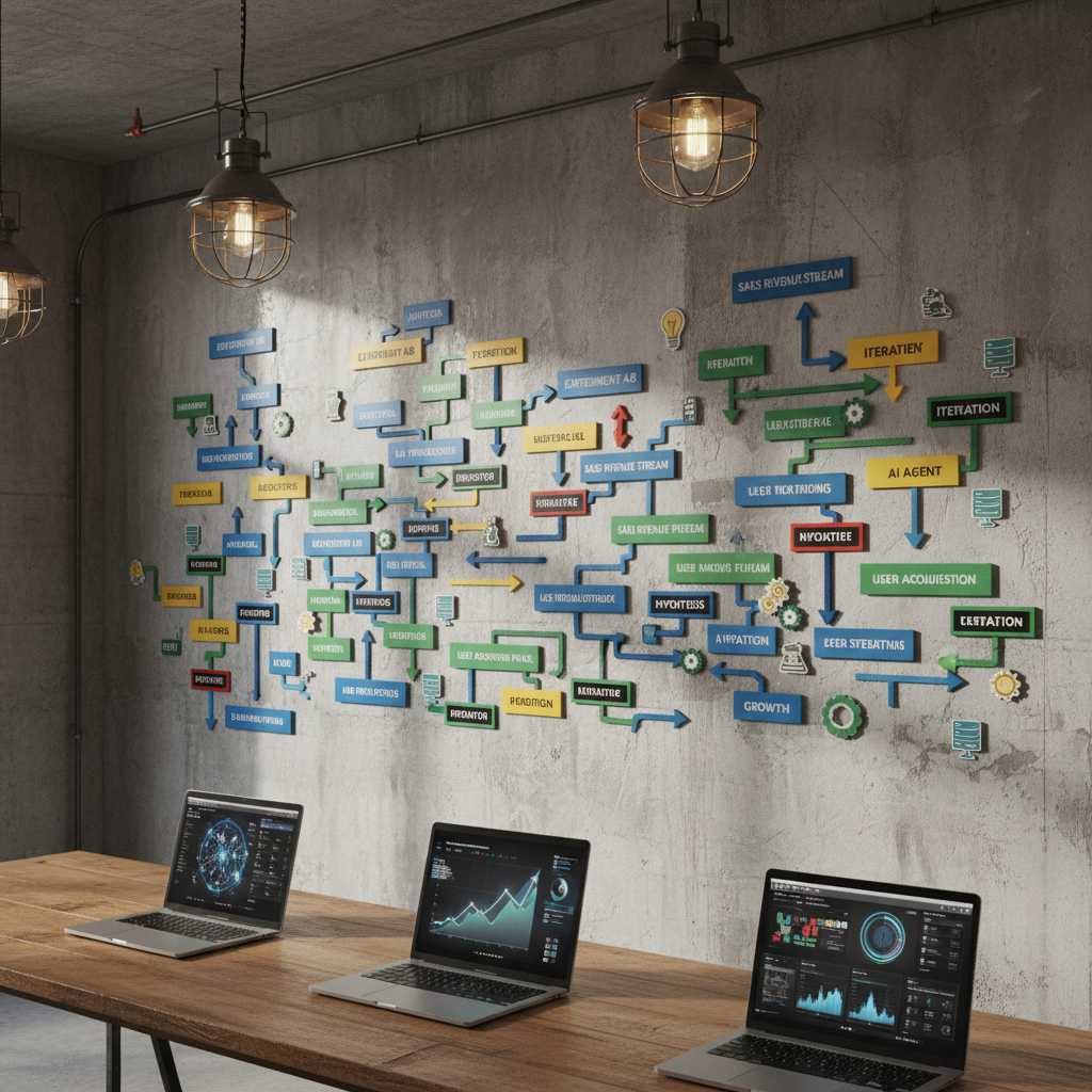 A long whiteboard wall in a raw, concrete-walled startup space, covered not with handwriting but with layered, color-coded magnetic blocks, arrows, and icons that represent experiments, revenue streams, and AI workflows for a growing business. On a central table below, multiple open laptops show model training visualizations and growth curves, screens tilted at varied angles. Overhead industrial fixtures cast bright, directional light, creating crisp reflections on the laptop lids and subtle shadows from the magnets. Photographic realism from a slightly elevated angle using the rule of thirds, with the table in the foreground and the strategy wall stretching into the background, capturing the gritty, real-time planning and pivoting of building an AI-era company in public.