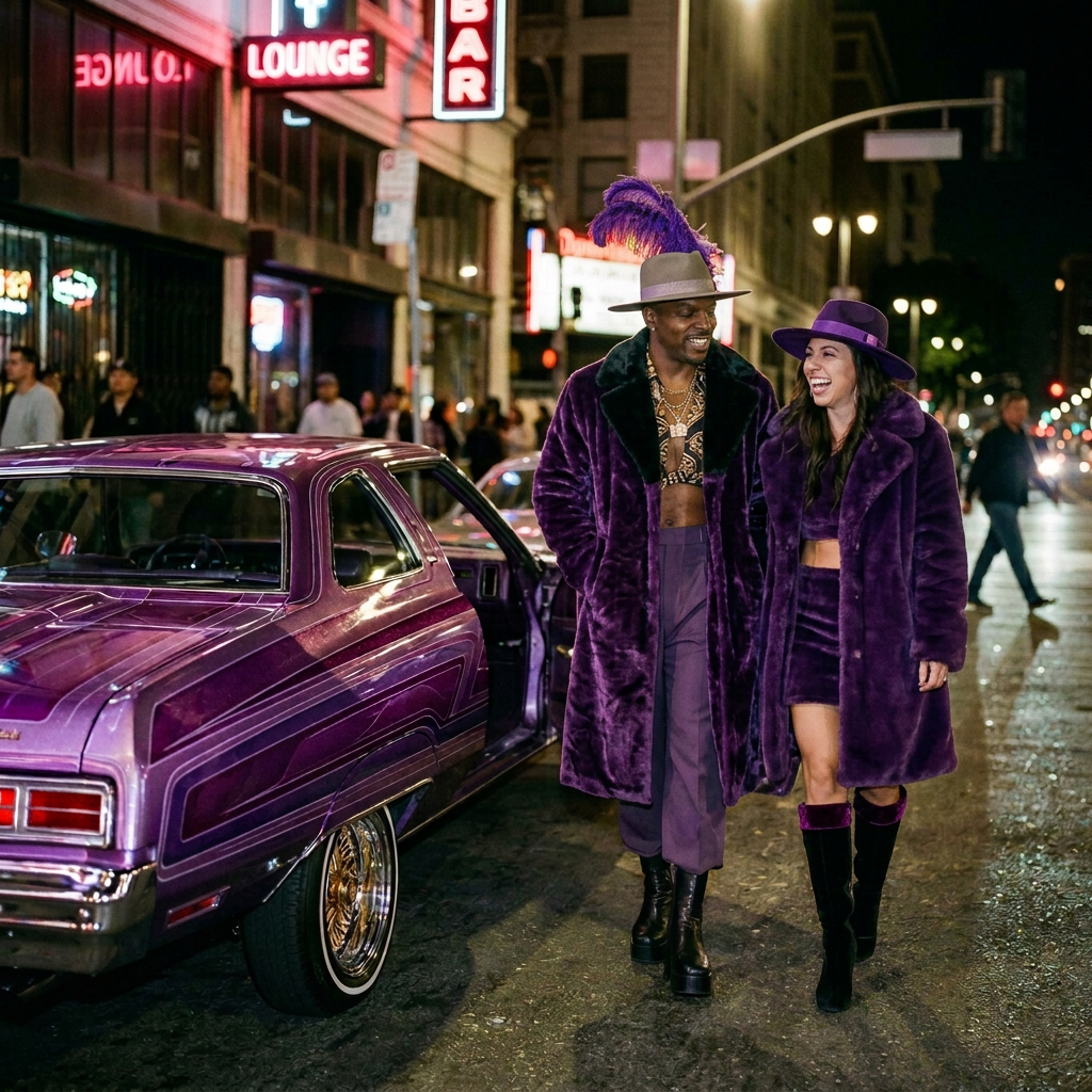 Well-dressed couple standing beside a purple classic car at night